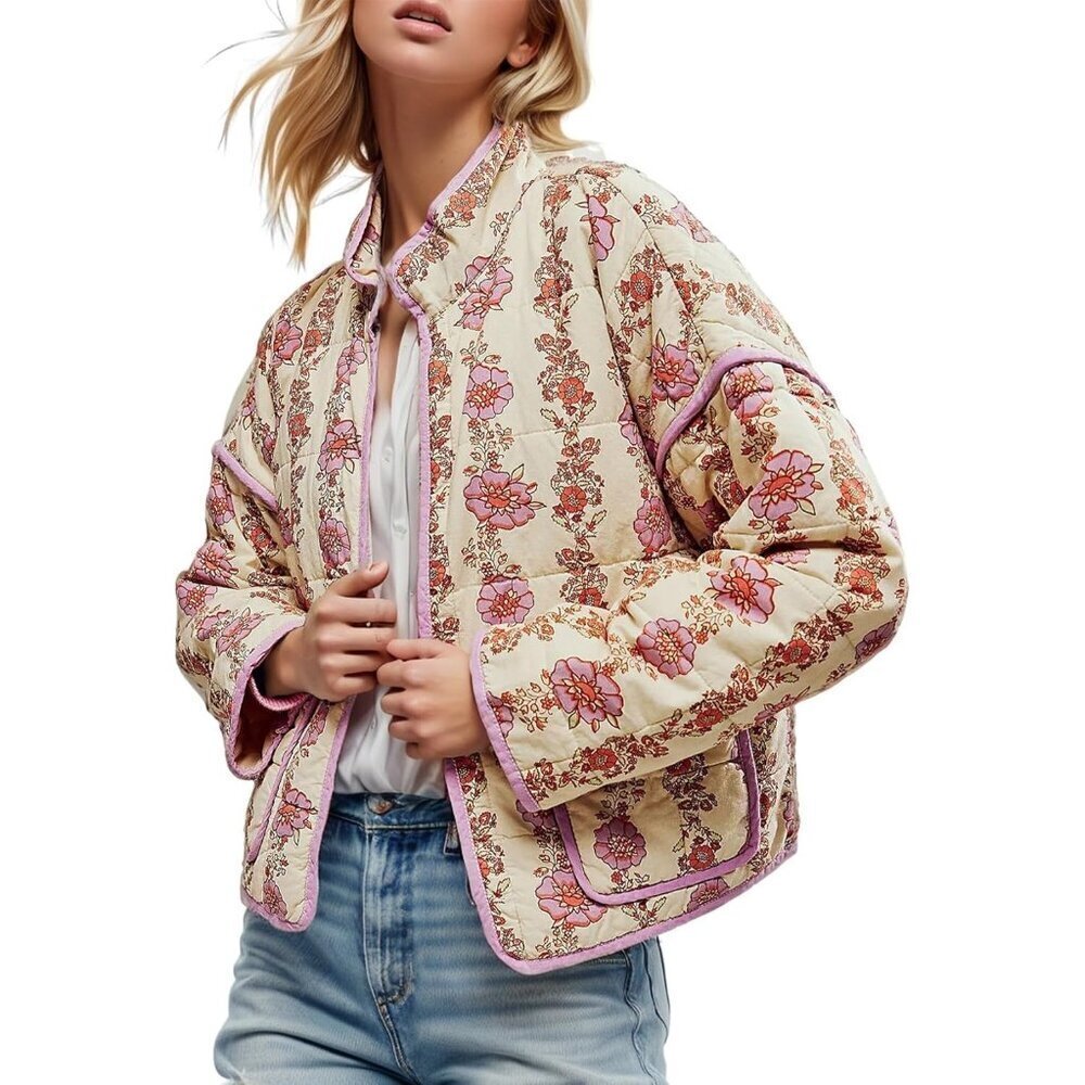 🆕Women’s Purple Cropped Puffer Quilted Jacket Floral Print Lightweight Coat